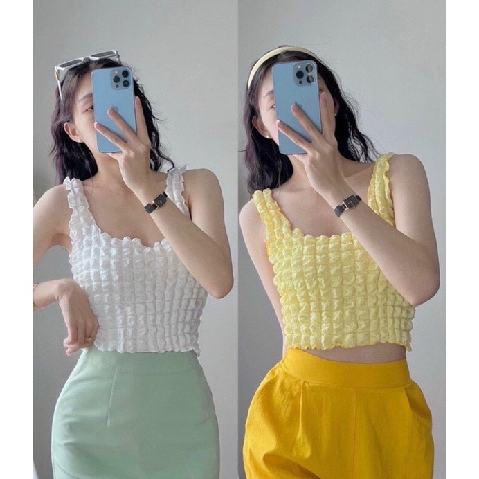 Áo Croptop, Ba lỗ Chất Caro Xốp  Nữ [FREESHIP]  Thun kiểu body cộc tay dáng ôm viền bèo tiểu thư đường phố hàn quốc