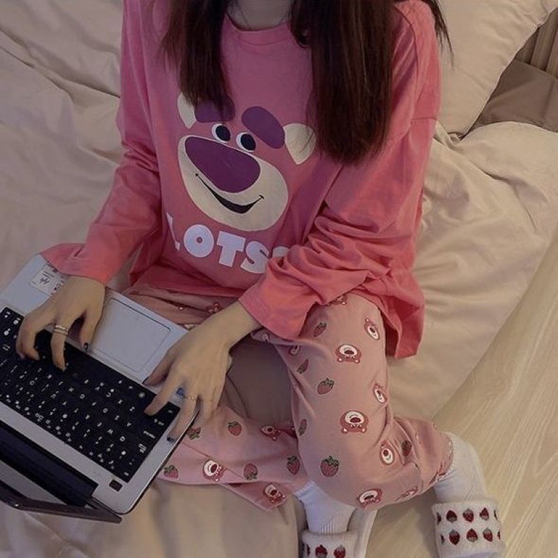 Bộ Đồ Ngủ Tay Dài In Hình Gấu Và Dâu Tây Dễ Thương Phong Cách Nhật Bản Thời Trang Xuân Thu Cho Nữ