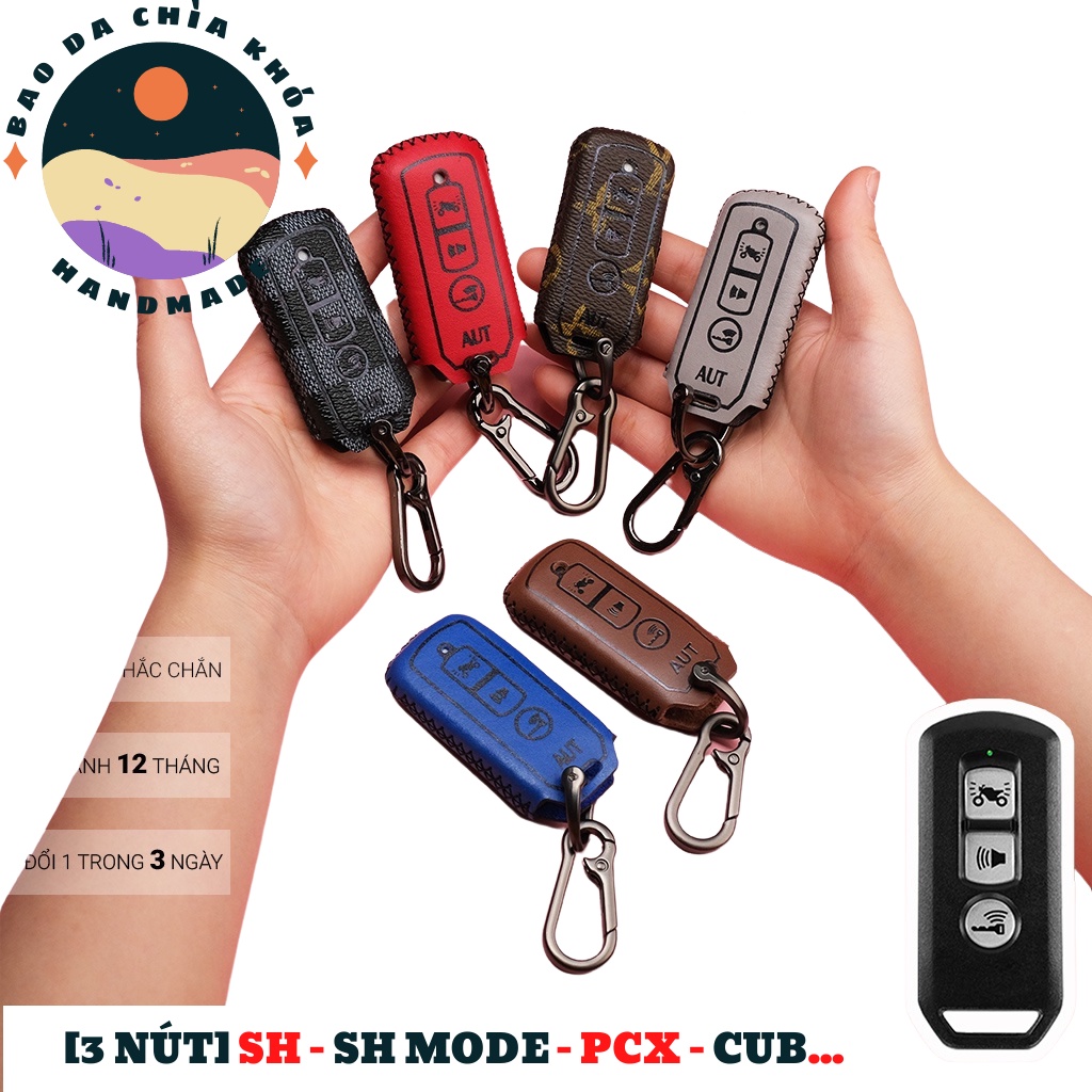 Bao da chìa khóa Honda SH, Pcx, SH Mode, Cub, 3 nút, khâu tay, móc chữ D hiện đại