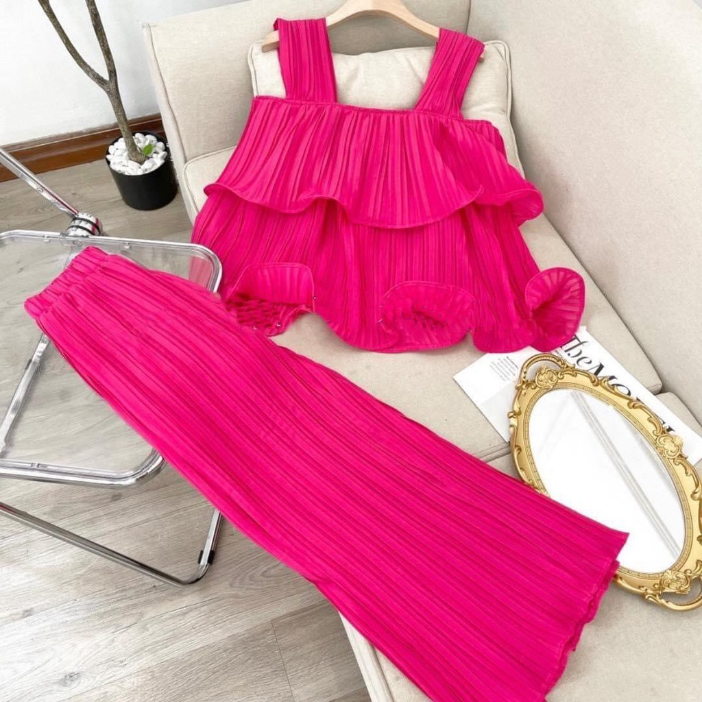 [10.10 Sale Freeship] Set bộ nữ xếp ly hai dây dáng xòe hai tầng, quần ống rộng dài thoải mái, set áo babydoll thoải mái