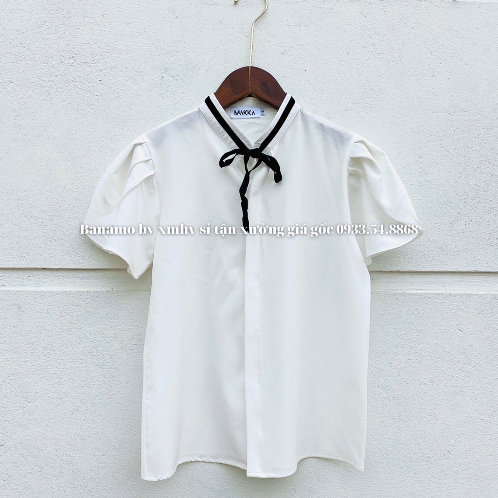 Áo sơ mi cộc tay cổ nơ 3 màu kiểu dáng bánh bèo xinh xắn thời trang Banamo Fashion sơ mi cộc tay cổ nơ 3 màu 3928