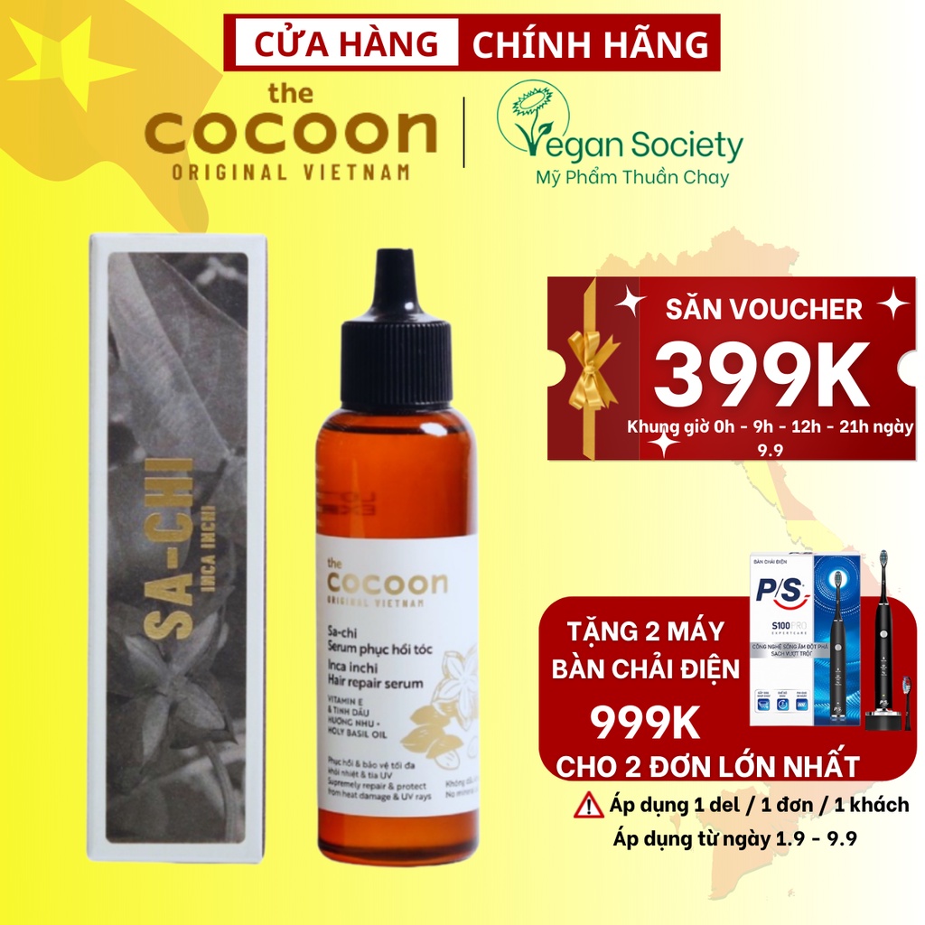Serum Tóc Cocoon Sachi Phục hồi tóc hư tổn, khô xơ, chẻ ngọn 70ml - Vegan Society - Mỹ phẩm thuần chay Việt Nam