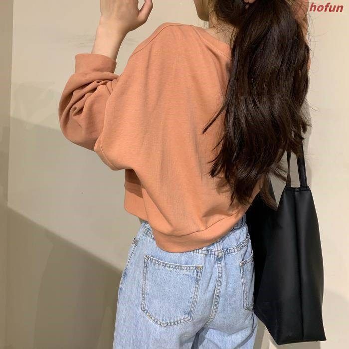 Áo Hoodie Lửng Tay Dài Cổ Tròn Màu Trơn Dáng Rộng Trẻ Trung Phong Cách Hàn Quốc Hợp Thời Trang