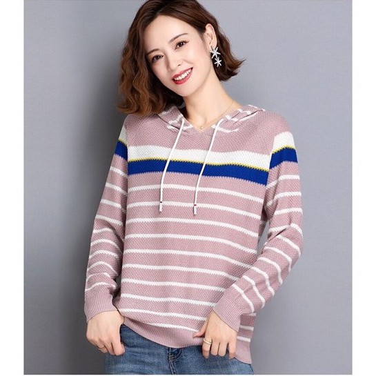Áo len nón dệt kim phối sọc,áo nữ Quảng Châu cao cấp thương hiệu thời trang D&amp;R L031