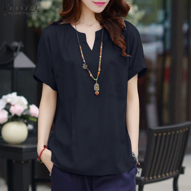 Áo kiểu Zanzea ngắn tay cổ chữ V màu trơn phong cách Hàn Quốc cổ điển thời trang cho nữ