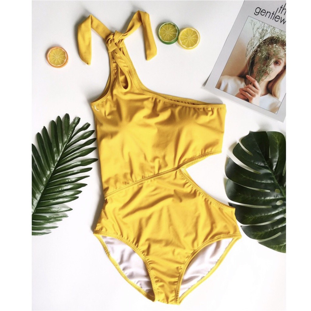 Bikini liền thân lệch vai khoét eo sexy - Vàng sang chảnh