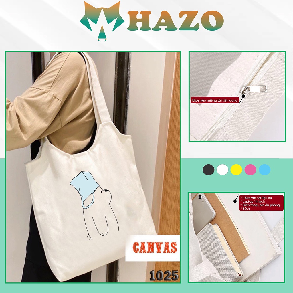 Túi Tote Trắng Chất Vải Canvas 512 1025 Bear Ngáo Ngơ Dễ Thương Hàng Chuẩn Đẹp - Hazo