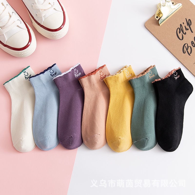 Tất vớ nữ cổ ngắn cotton dày dặn co giãn họa tiết mặt cười - T042