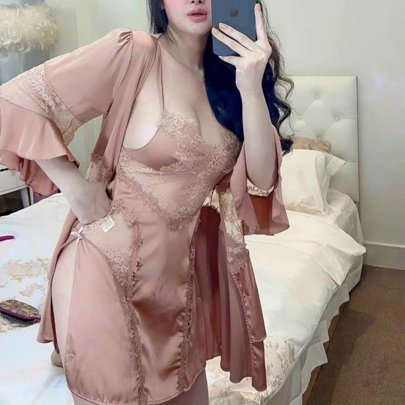 Sét Choàng Ngủ Cao Cấp, Váy Ngủ Lụa Nữ Kèm Choàng Phối Voan Tầng Siêu Xinh | BigBuy360 - bigbuy360.vn