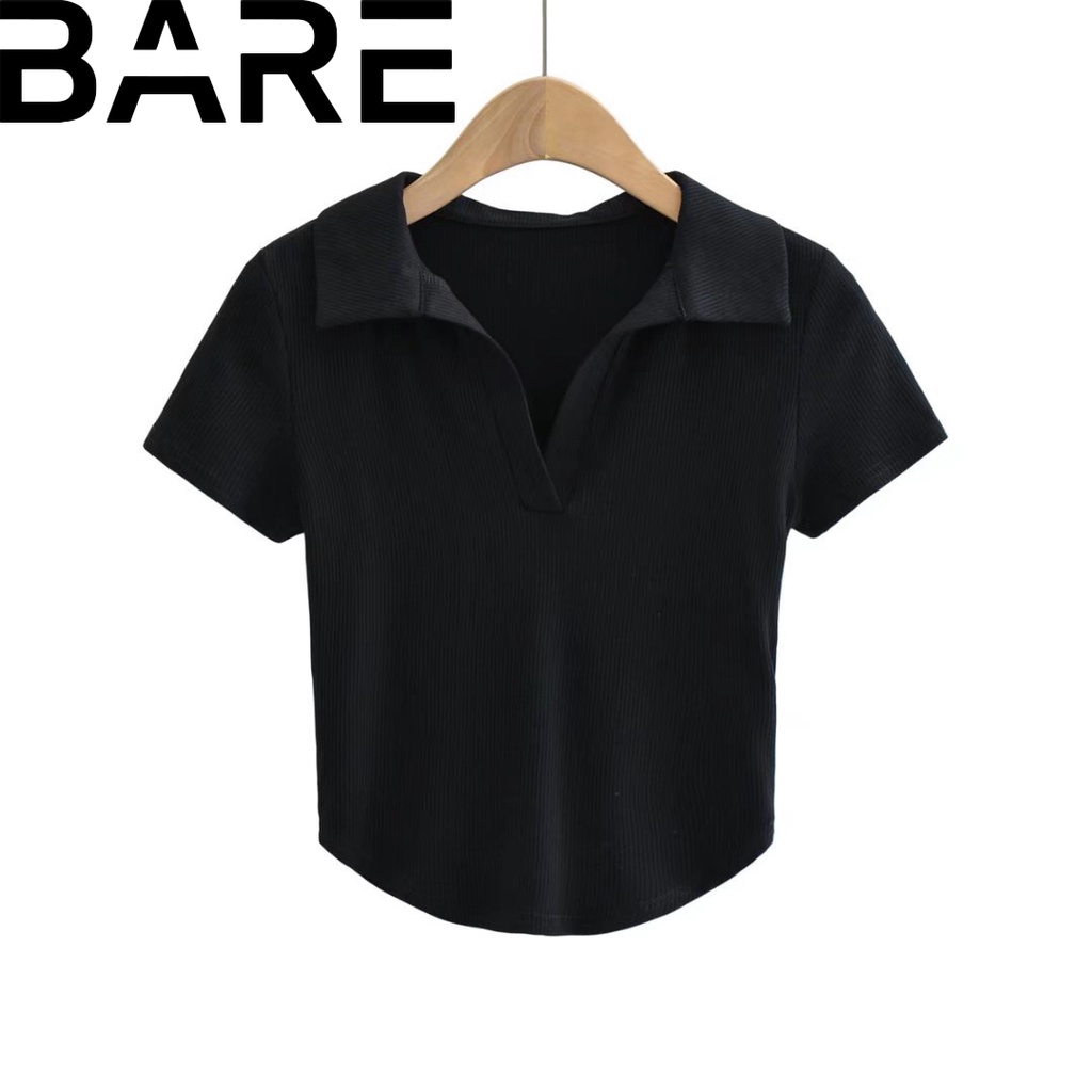 Áo thun tay ngắn nữ Bare , áo thun có cổ Polo thiết kế vạt bầu cá tính chất thun gân ôm tôn dáng - AO082