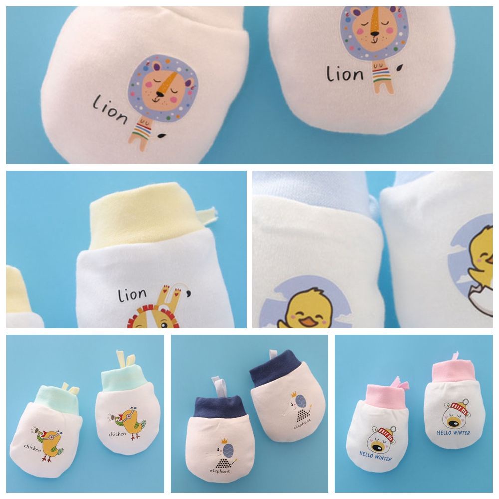 Găng tay cotton nguyên chất chống trầy xước họa tiết hoạt hình có dây rút cho bé sơ sinh