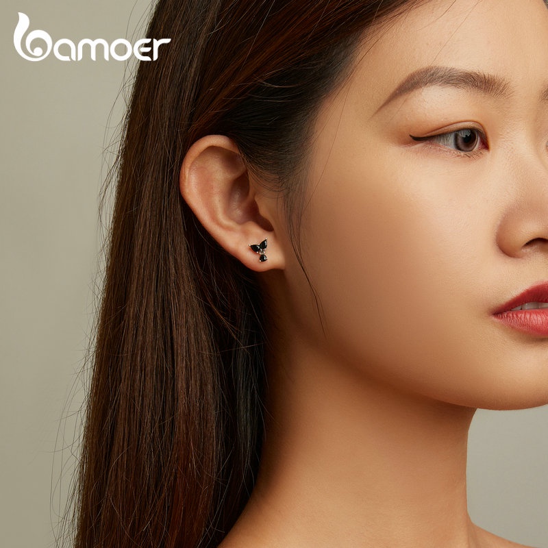 BAMOER Bông Tai Xi bạc 925 ĐíNh Đá Zircon MàU Đen