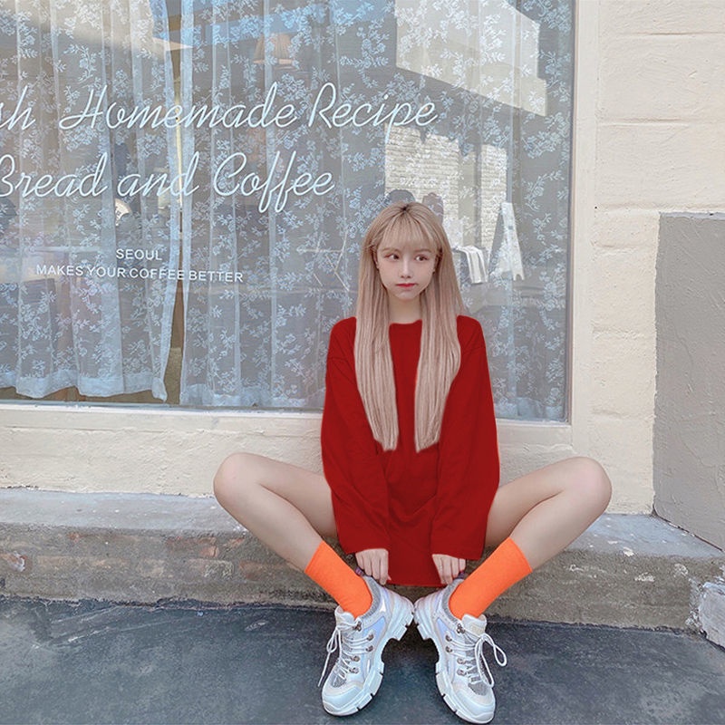 Áo Thun Trơn% Cotton Tay Dài Dáng Rộng Phong Cách Thời Trang Hàn Quốc Dành Cho Nữ