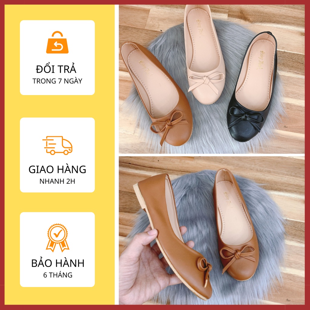 [Có bigsize 40-41] Giày Búp Bê, Giày Nữ Đế Bằng Bít Mũi Đính Nơ Chuẩn Form. Giày Hoàng Thanh A06 Nâu