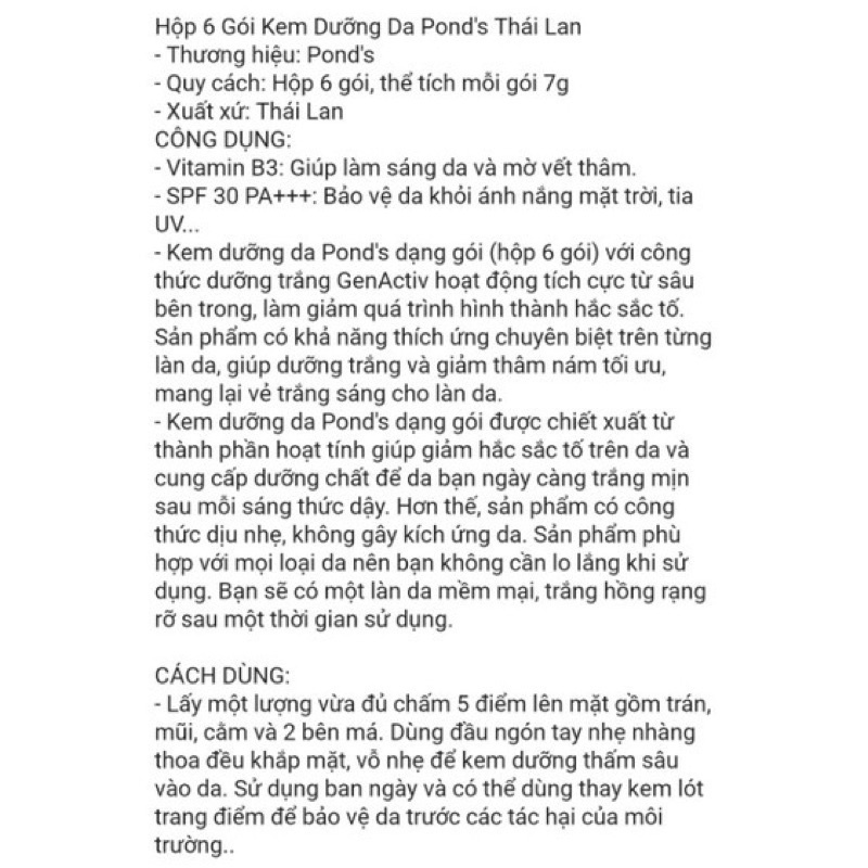 1 HỘP 6 GÓI KEM POND’ S THÁI LAN 7g