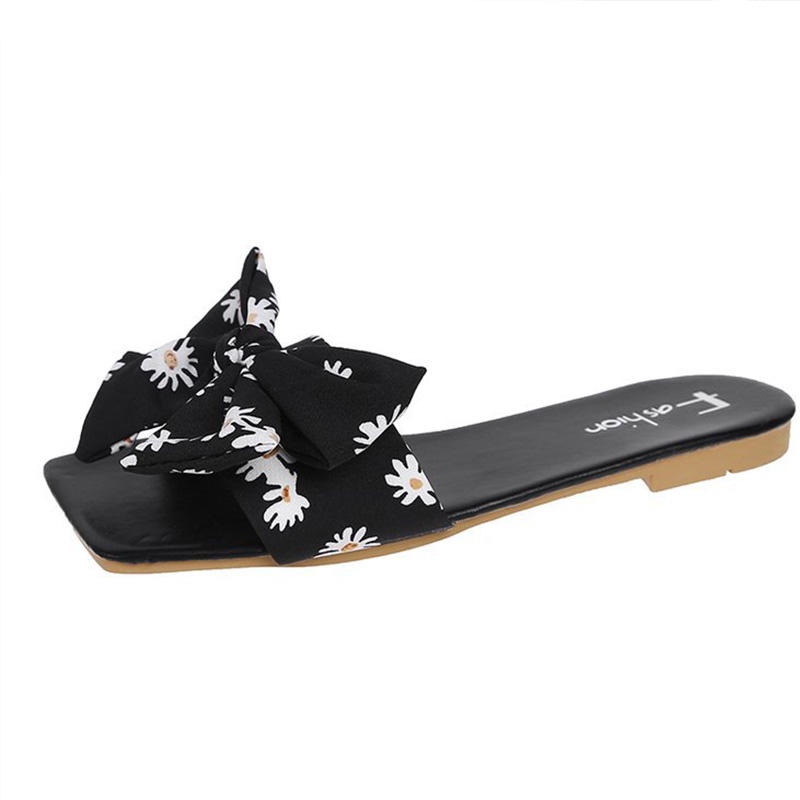 Big Size 35-42 Dép Sandal nữ đế bằng quai ngang đính nơ thời trang