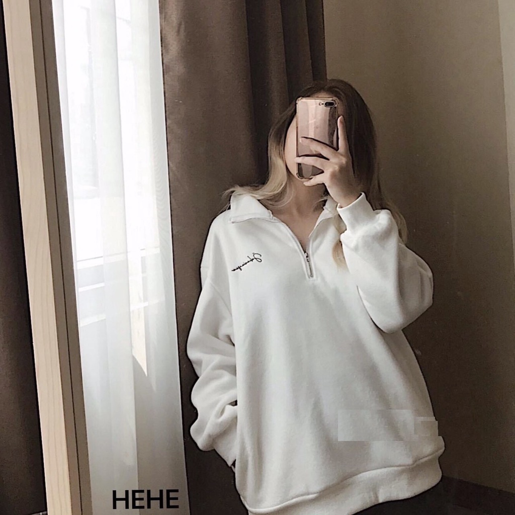 Áo Nỉ Cổ Cao Chữ Nhỏ PEONYB Nữ [FREESHIP] 🌸 Sweater form rộng dài tay, hoodie zip màu trắng thêu đen cá tính Ulzzang 🌸 | BigBuy360 - bigbuy360.vn