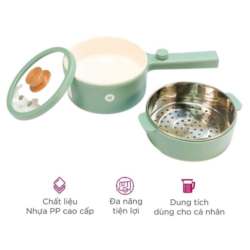 Nồi nấu điện đa năng Mishio 1.5L Xanh/Trắng MK271 kèm xửng hấp inox Bảo Hành 18 Tháng