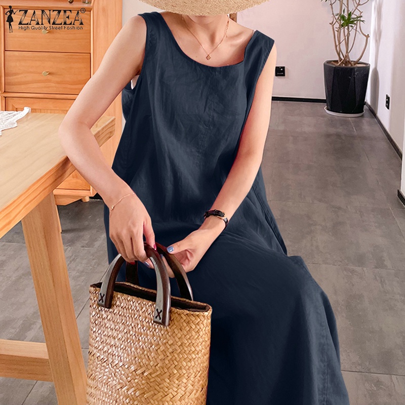 Đầm nữ Zanzea dài không tay cổ tròn thời trang Hàn Quốc