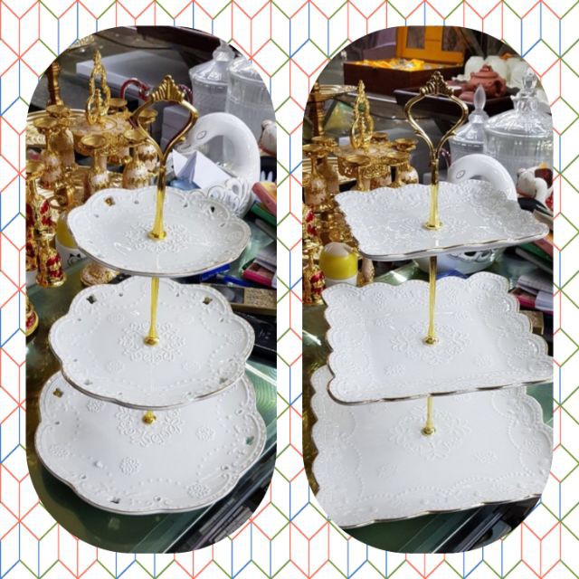 [Giá sỉ đồ decor Khay kệ đựng bánh kẹo hoa quả mứt Tết bằng sứ 3 tầng cao cấp sanh chảnh trắng hoa văn đẹp vuông tròn