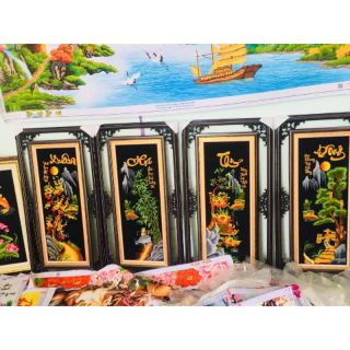 Tranh thêu tứ quí tiểu ngư canh mục truyền thống đã thêu chưa khung sỉ= lẻ