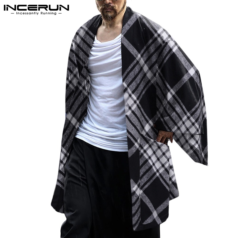 Áo cardigan len rộng INCERUN tay dài kẻ ô lưới mùa đông Nhật Bản cho nam