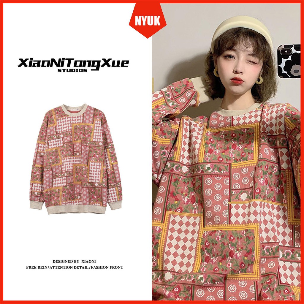 Áo Khoác Sweater Dày Dáng Rộng Dài In Họa Tiết Kiểu Cổ Điển Cá Tính
