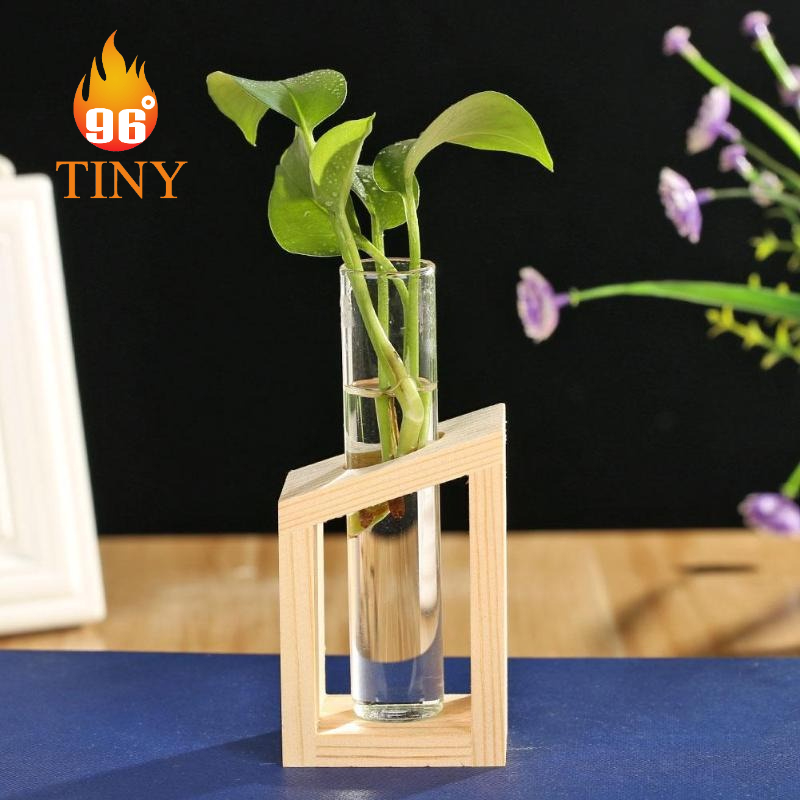 Lọ thủy tinh cắm hoa có giá gỗ, làm đồ trang trí để bàn làm việc độc đáo, trồng cây thủy sinh