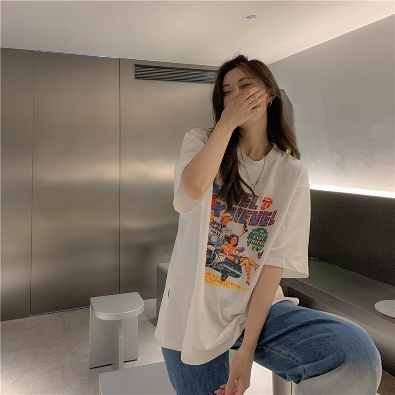 SUXI Áo Thun Tay Ngắn Cổ Tròn Form Rộng In Họa Tiết Hoạt Hình Thời Trang Mùa Hè Cho Nữ