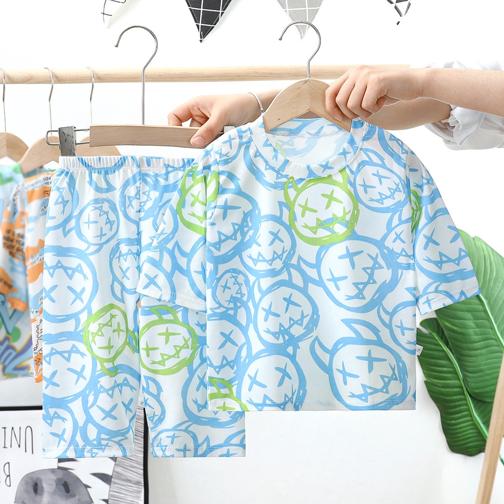Bộ Đồ Ngủ 2 Món Gồm Áo Thun Tay Ngắn Và Quần Dài In Họa Tiết Hoạt Hình Thoáng Khí Mùa Hè Cho Bé Trai 1-8 Tuổi