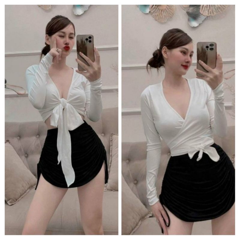 Sét đầm áo cột nơ + chân váy rút dây 2 bên chất vải Borip xịn Cam Kết Hàng Y Hình ( size từ 40-53kg)