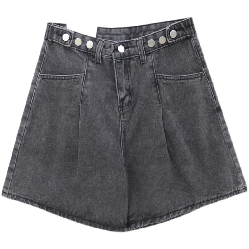 Quần short jean nữ ống rộng 3 cúc chỉnh eo màu đen xám