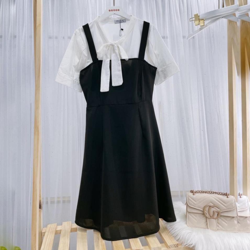 Set Váy Chữ A Nữ Gạo Boutique Đầm Yếm Dáng Ngắn Màu Đen Mix Áo Sơ Mi Nơ Cộc Tay Q039
