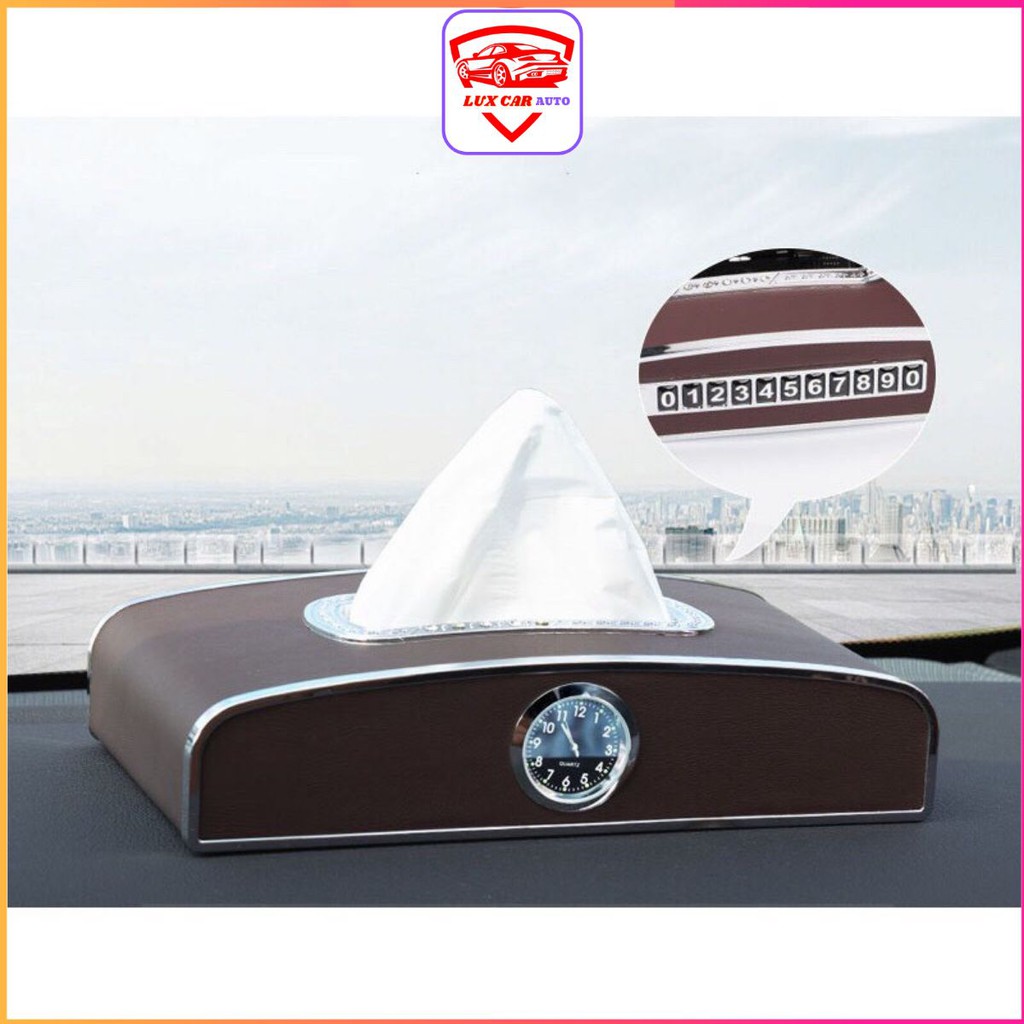 Hộp đựng khăn giấy kèm đồng hồ và bảng số điện thoại trên xe ô tô cao cấp - LuxCar Auto