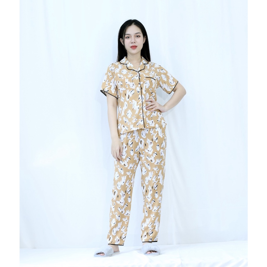 Bộ đồ Pijama nữ quần dài tay ngắn MÀU NÂU VÀNG CÁNH CHIM TRẮNG - SIÊU XINH - vải lụa COTTON - Cực Kì Sang Chảnh