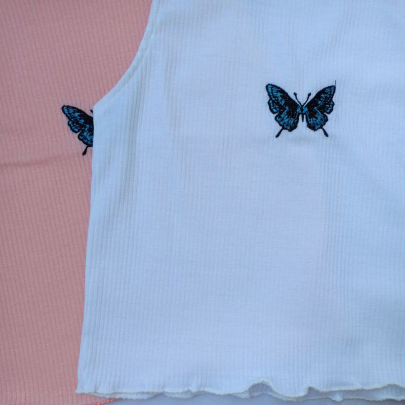 Áo Croptop Ba Lỗ Thêu Bướm Ulazzang Chất Gân Mịn Đẹp Tuyết's House