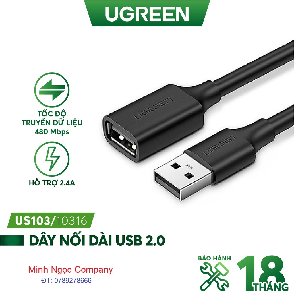 Dây USB 2.0 nối dài UGREEN US103 10316 dài 2M dùng cho PC, Laptop, Macbook - Hàng Chính Hãng