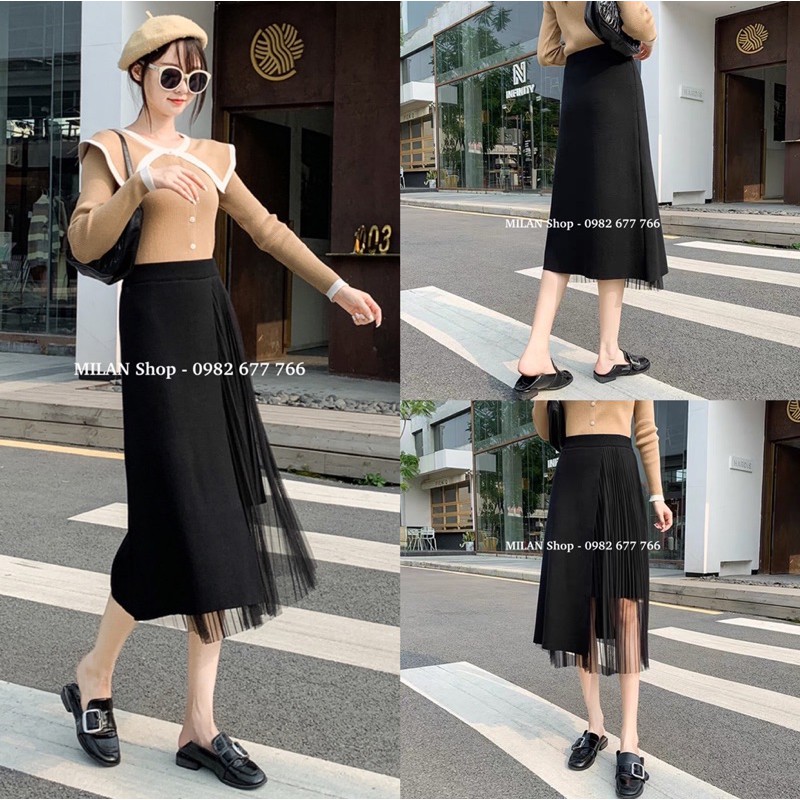 Chân váy len phối ren xếp ly dài qua gối thời trang