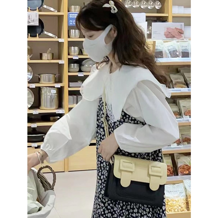 Bộ Áo Sơ Mi Dài Tay Cổ Búp Bê + Đầm Hai Dây Họa Tiết Hoa Phong Cách Hàn Quốc Cho Nữ