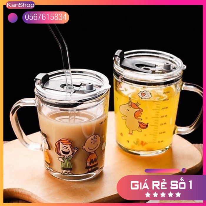 Cốc Thuỷ Tinh Chia Vạch Ml In Hình Ngộ Nghĩnh Có Nắp Chống Đổ Chịu Nhiệt (Giao Ngẫu Nhiên)