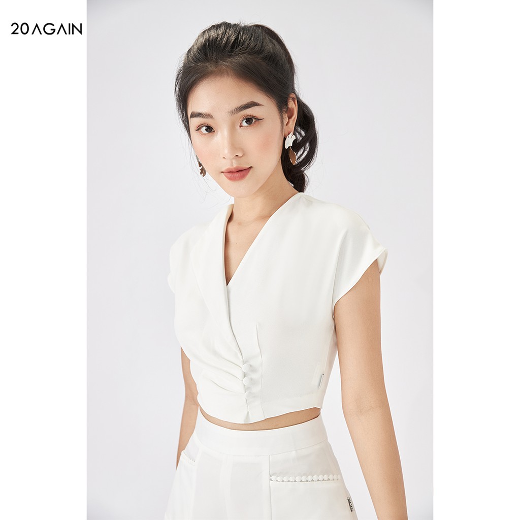 Áo sơ mi nữ vạt lệch 20AGAIN, sơ mi dáng ngắn đính khuy cá tính ASA1618