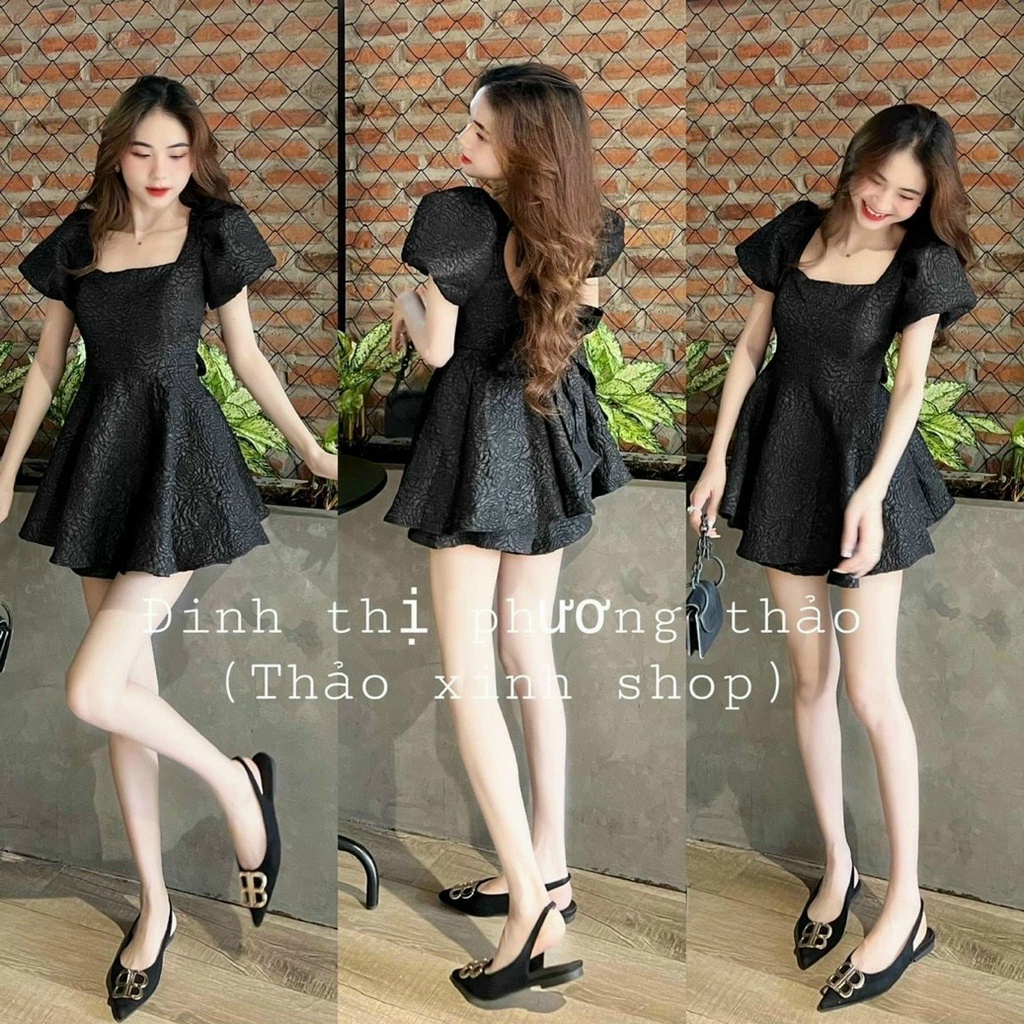 (Sale FreeShip) Sét bộ babydoll nữ,bộ đùi gấm cổ vuông tay phồng cột nơ sau lưng,hàng chuẩn shop lên from xinh