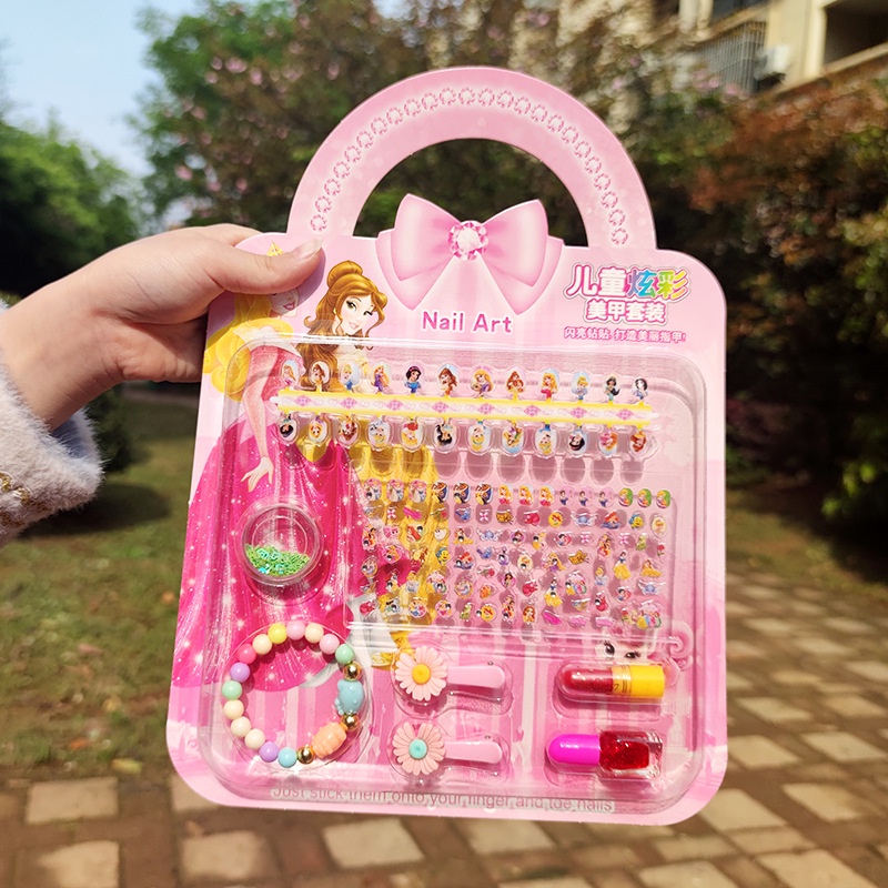Bộ 24 móng tay giả kèm dán móng và đồ trang điểm hình công chúa, kitty cho bé