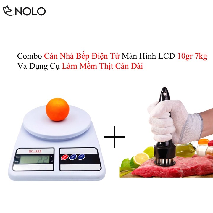 Combo Bộ Cân Nhà Bếp Điện Tử Màn Hình LCD 10gr 7kg Và Dụng Cụ Làm Mềm Thịt Cán Dài