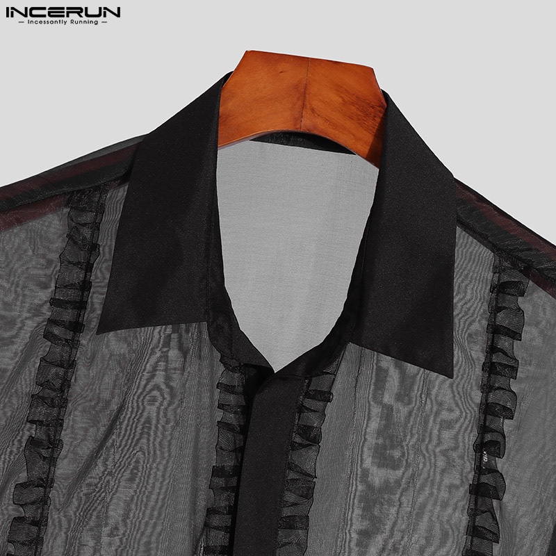 INCERUN Áo Sơ Mi Tay Dài Dáng Rộng Xuyên Thấu Phối Bèo Màu Đen Thời Trang Cho Nam