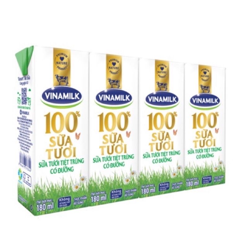 Now Ship - Lốc 4 hộp sữa Vinamilk 100% sữa tươi có đường 180 ml