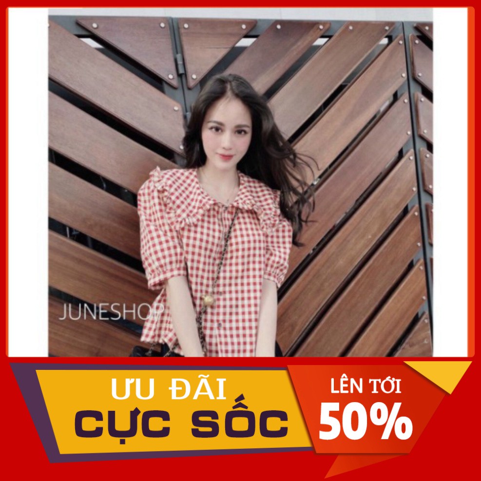 ÁO SƠ MI KẺ ĐỎ CỔ BÈO TAY LỠ SIÊU HOT SM43 kèm video+ảnh thật aosominuhot