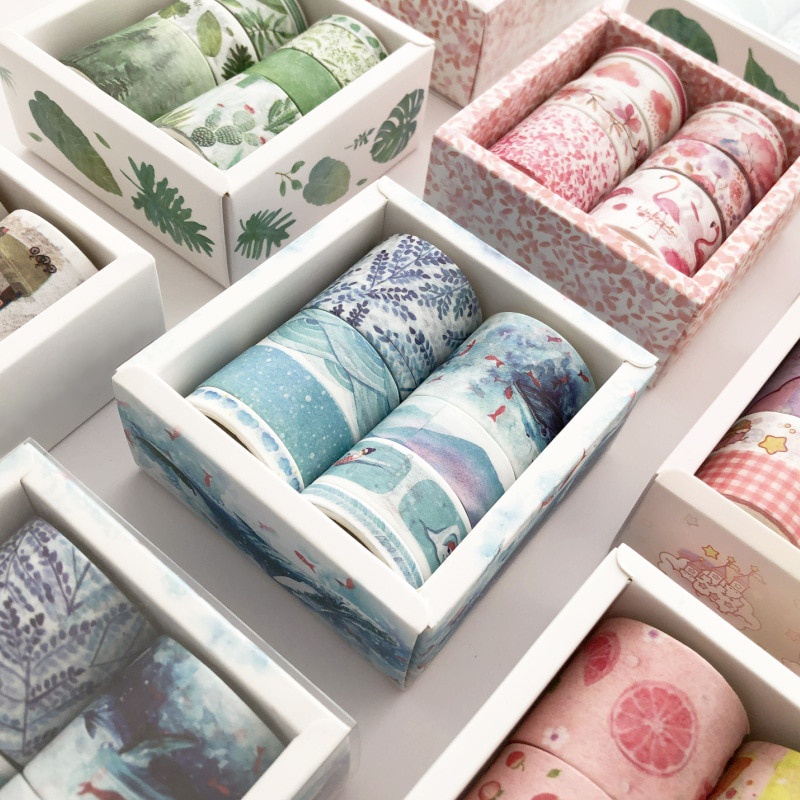 Bộ 8 cuộn băng keo giấy washi hình cánh hoa nhiều kích thước khác nhau dùng trang trí sổ tay diy