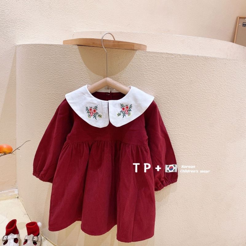 Đầm búp bê vải nhung thêu hoa kiểu Hàn Quốc thời trang mùa thu 2021 cho bé gái