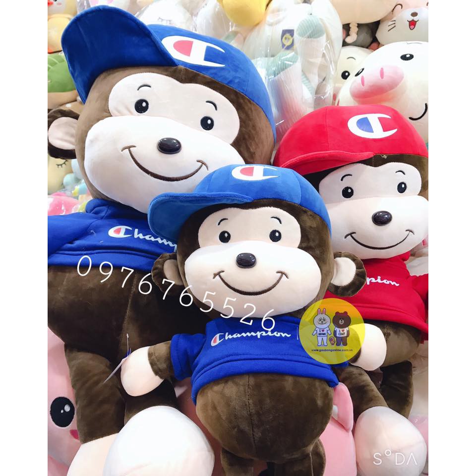 Gấu bông anh em khỉ Champion đội mũ 2 màu đỏ xanh kích thước 50CM-70cm -80CM Buno shop